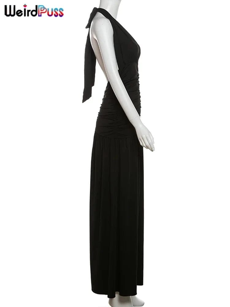 Weird Puss Deep V-Neck Halter Dress Woman Summer  Ruffles Splits Backless Elegant Patchwork Solid Party Coquette Sexy Vestidos