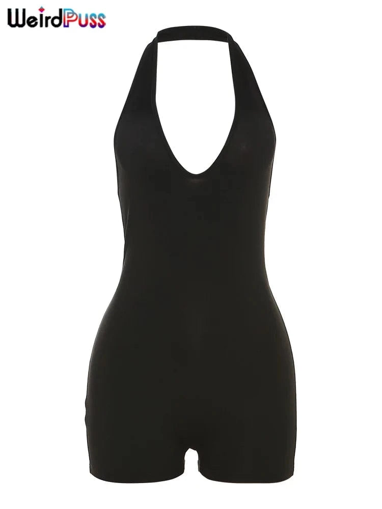 Weird Puss Halter Playsuits Women Fitness Sporty Backless Skinny Sleeveless V-Neck Casual Summer Solid Basic Streetwear Romper