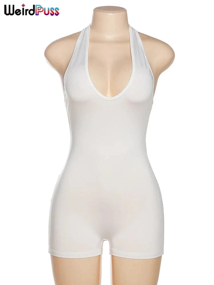 Weird Puss Halter Playsuits Women Fitness Sporty Backless Skinny Sleeveless V-Neck Casual Summer Solid Basic Streetwear Romper