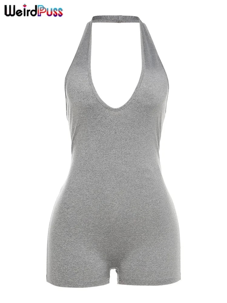 Weird Puss Halter Playsuits Women Fitness Sporty Backless Skinny Sleeveless V-Neck Casual Summer Solid Basic Streetwear Romper
