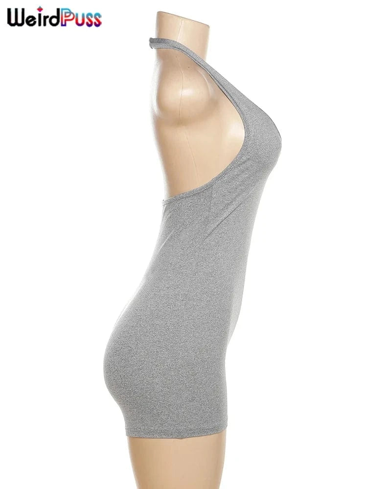 Weird Puss Halter Playsuits Women Fitness Sporty Backless Skinny Sleeveless V-Neck Casual Summer Solid Basic Streetwear Romper