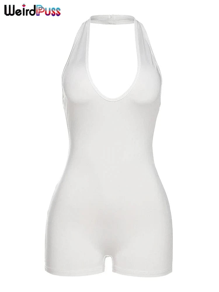 Weird Puss Halter Playsuits Women Fitness Sporty Backless Skinny Sleeveless V-Neck Casual Summer Solid Basic Streetwear Romper