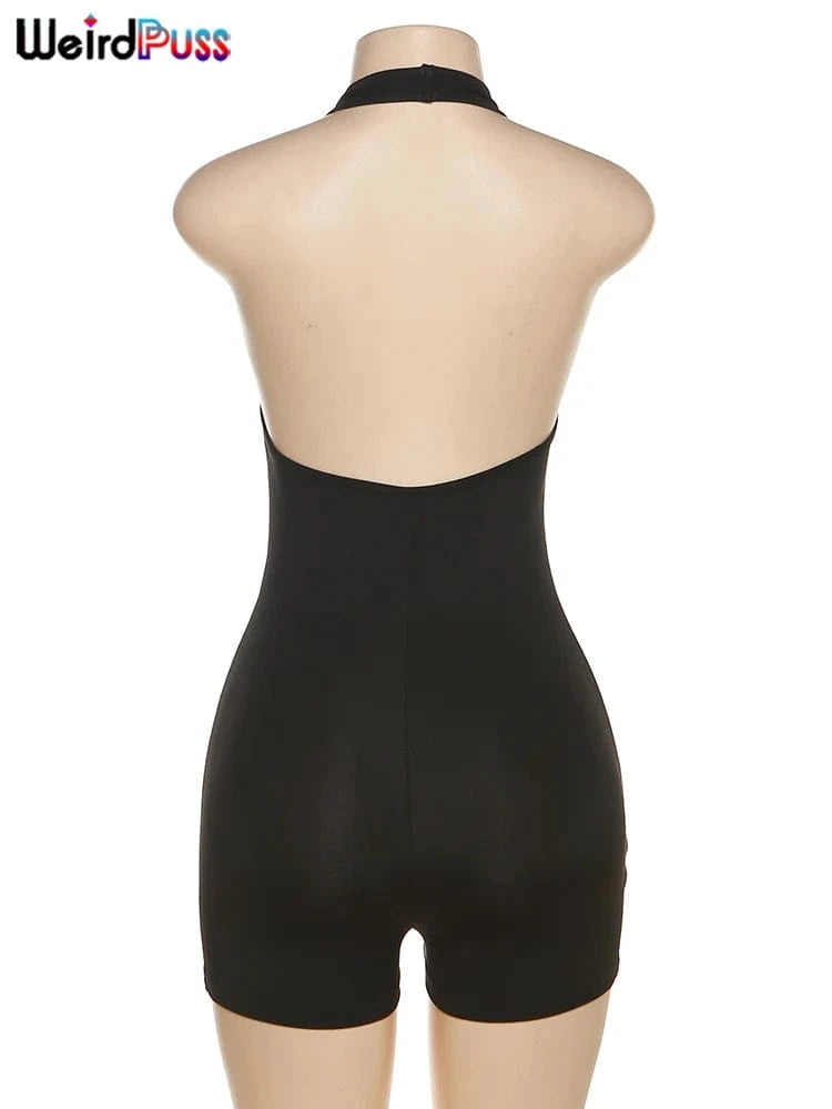 Weird Puss Halter Playsuits Women Fitness Sporty Backless Skinny Sleeveless V-Neck Casual Summer Solid Basic Streetwear Romper