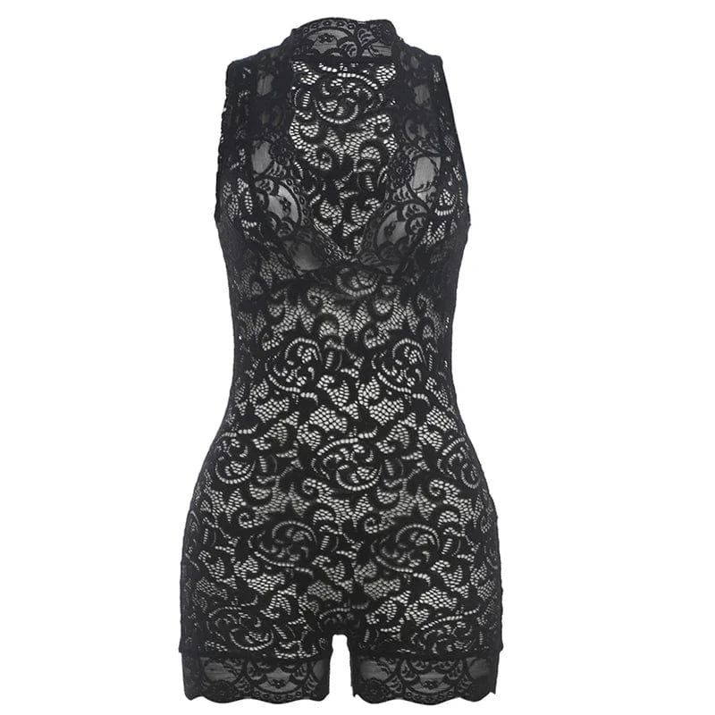 Weird Puss Lace v-Neck See-Through Rompers Woman Summer Sexy Thin Solid Sleeveless Low-Neck Stretch Peach Hip Skinny Playsuit