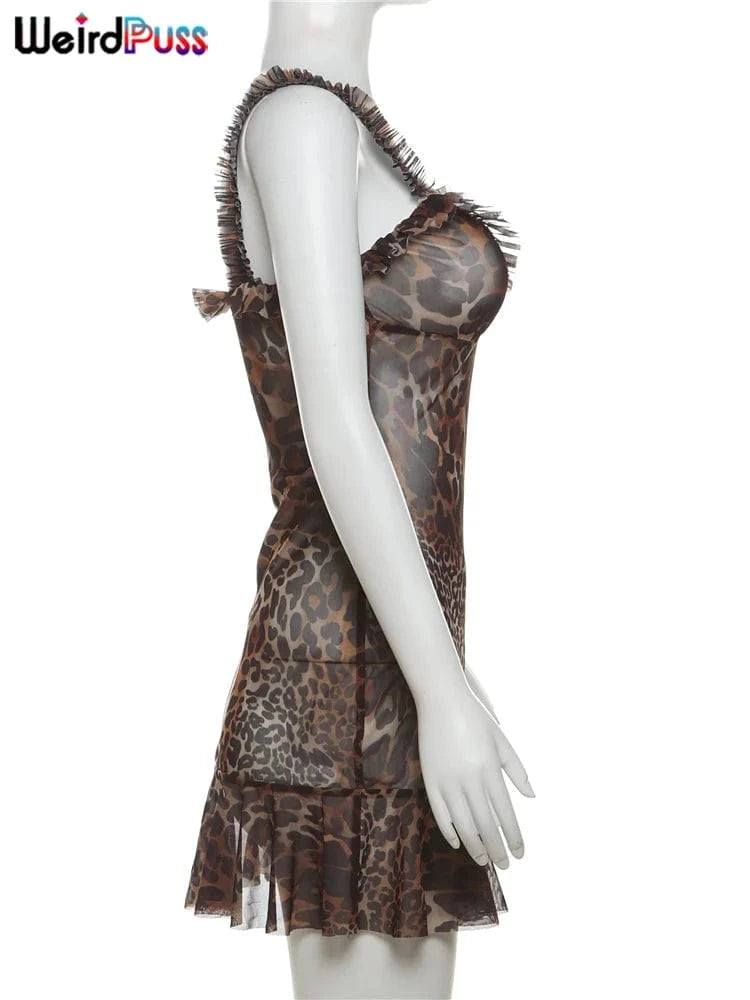 Weird Puss Leopard Print Dress Women See Through Lace V-Neck Sexy Sleeveless Skinny Summer Fashion Chic Ruffle Hem Mini Bodycon
