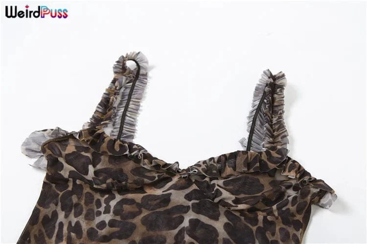 Weird Puss Leopard Print Dress Women See Through Lace V-Neck Sexy Sleeveless Skinny Summer Fashion Chic Ruffle Hem Mini Bodycon