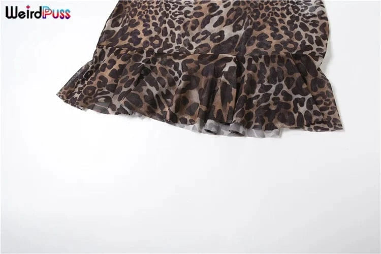 Weird Puss Leopard Print Dress Women See Through Lace V-Neck Sexy Sleeveless Skinny Summer Fashion Chic Ruffle Hem Mini Bodycon