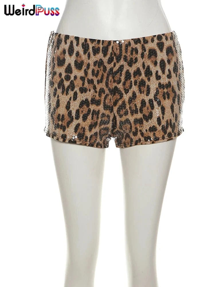 Weird Puss Leopard Print Mini Shorts Women Sequins Patchwork Wild Skinny Stretch Streetwear Autumn Midnight Sexy Trend Buttoms