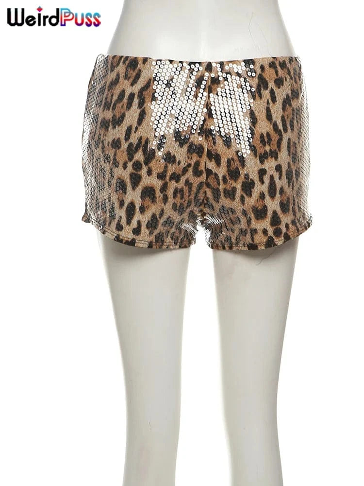 Weird Puss Leopard Print Mini Shorts Women Sequins Patchwork Wild Skinny Stretch Streetwear Autumn Midnight Sexy Trend Buttoms