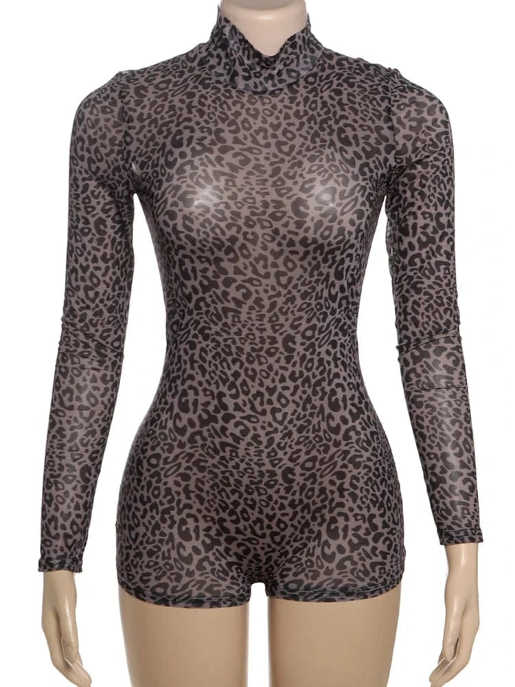 Weird Puss Leopard Print Romper Women See Through Sexy Full Sleeve Turtleneck Fall Fit Skinny Playsuit Stretch Midnight Clubwear