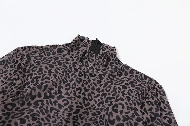 Weird Puss Leopard Print Romper Women See Through Sexy Full Sleeve Turtleneck Fall Fit Skinny Playsuit Stretch Midnight Clubwear