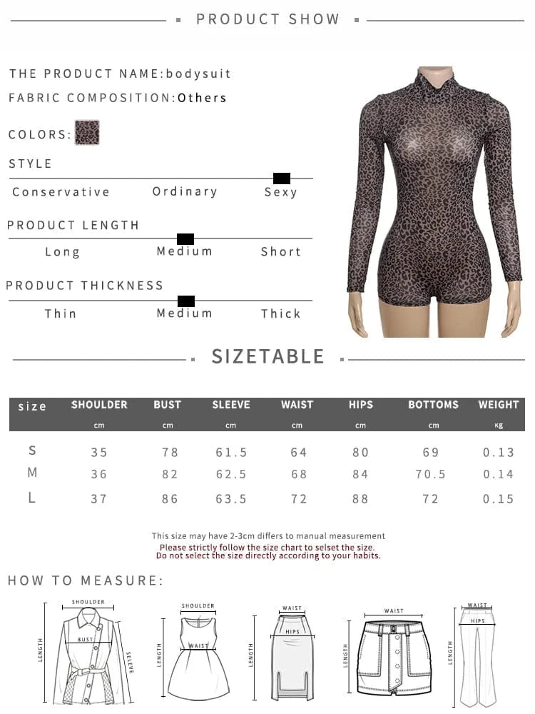Weird Puss Leopard Print Romper Women See Through Sexy Full Sleeve Turtleneck Fall Fit Skinny Playsuit Stretch Midnight Clubwear