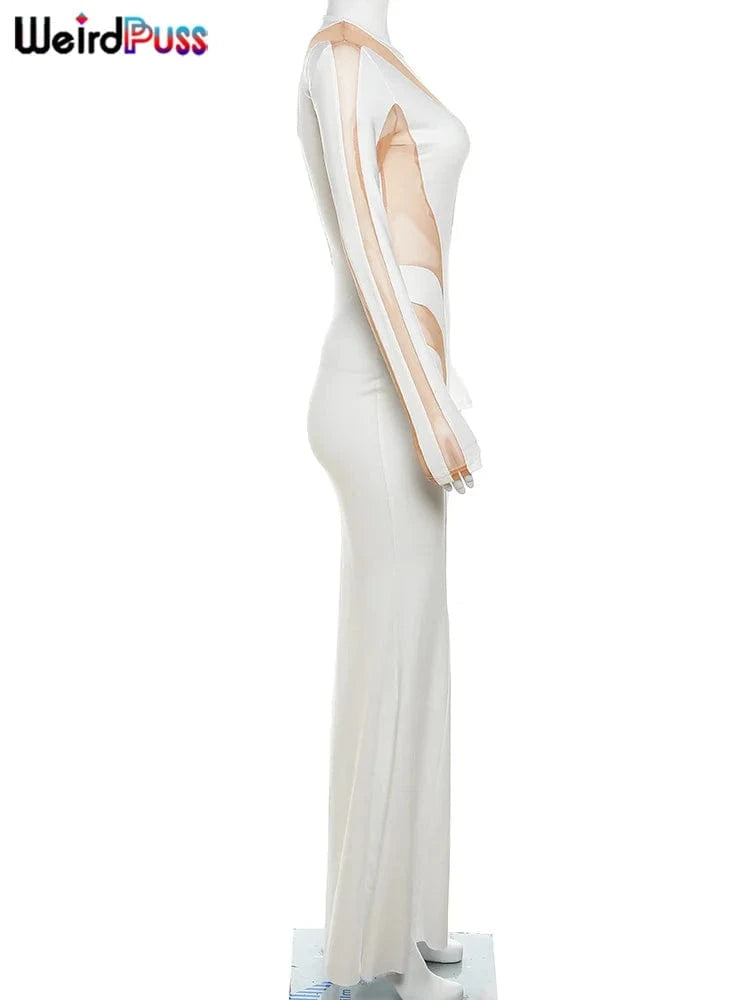 Weird Puss Mesh Patchwork Women Dress 2023 New Autumn Elegant Long Sleeve O-Neck Maxi Bodycon Skinny Stretch Clubwear Vestidos