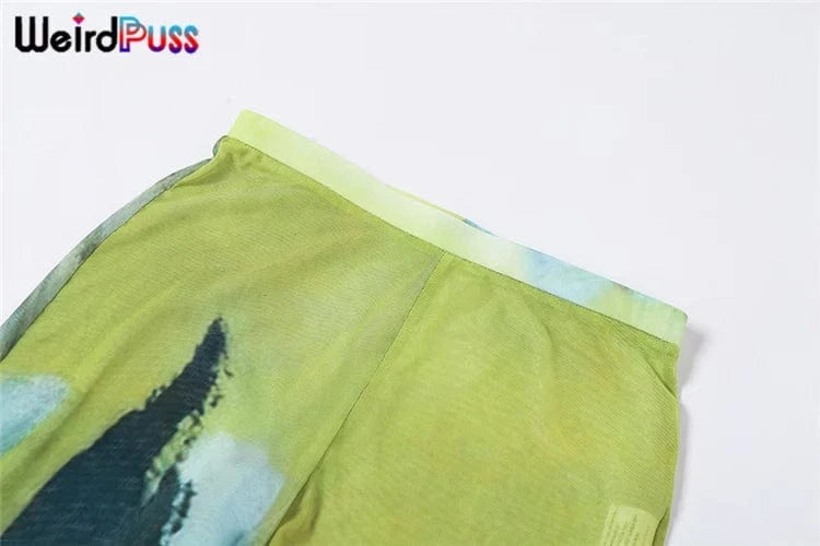 Weird Puss Mesh Tie Dye Straight Pants Women Sexy Summer Trend See Through Thin Skinny Streetwear Wild Elastic Activity Bottoms