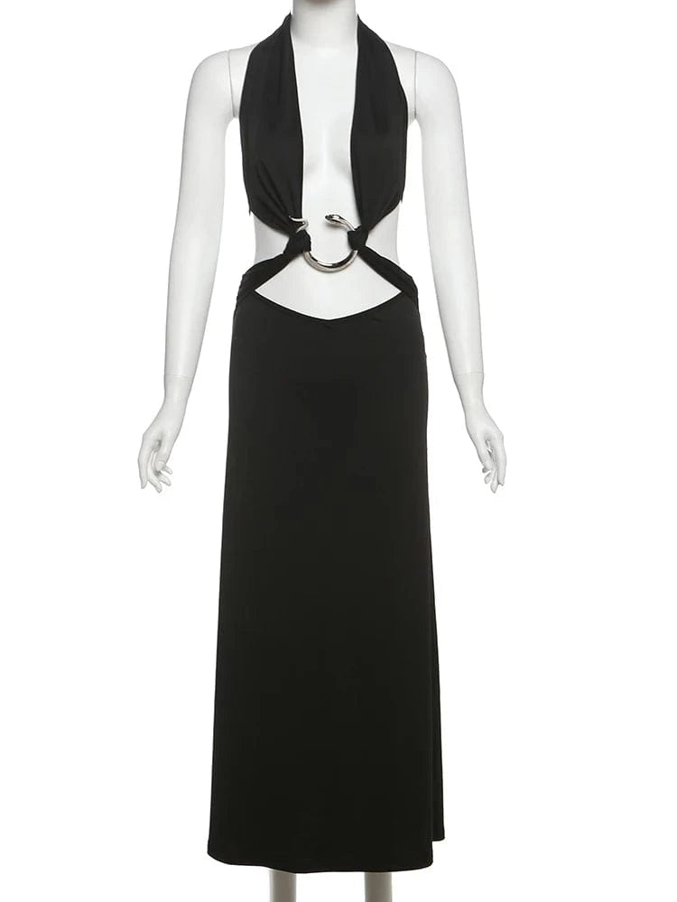 Weird Puss Metal Rings Patchwork Dress women Halter Low-Neck Bandage Backless Sexy Robe Vacation Midnight Club Party Outfits