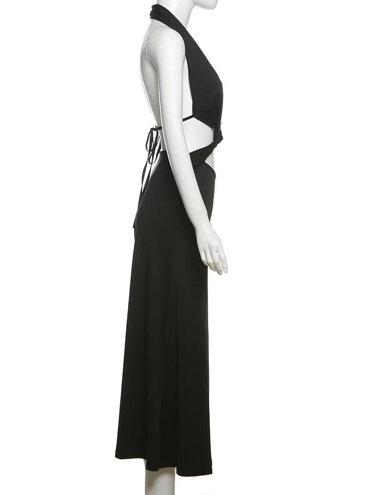 Weird Puss Metal Rings Patchwork Dress women Halter Low-Neck Bandage Backless Sexy Robe Vacation Midnight Club Party Outfits