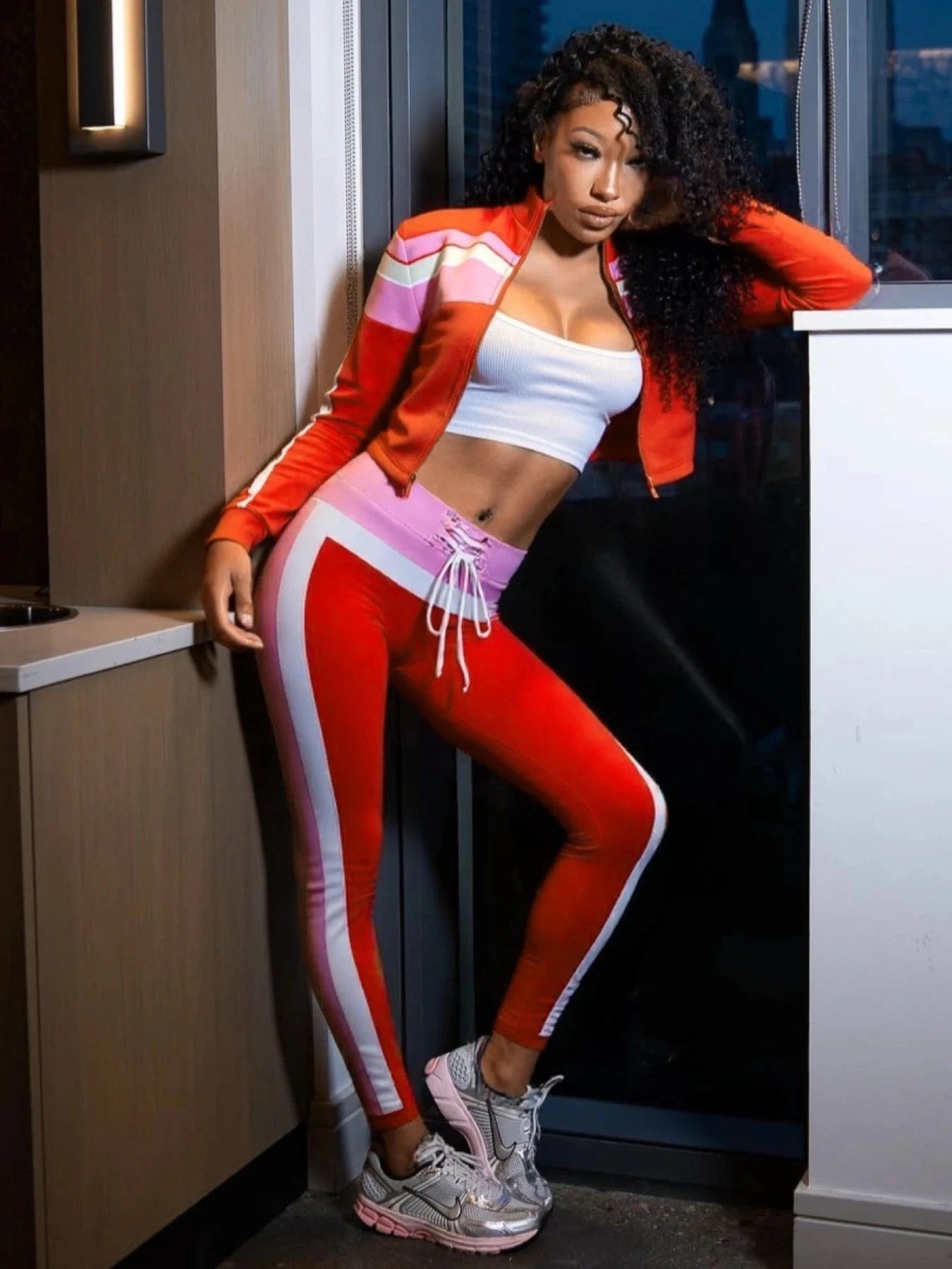 Weird Puss Patchwork Women 2Piece Set Tracksuit Sporty Long Sleeve Zip Crop Top+Shirring Leggings Matching Casual Skinny Outfits