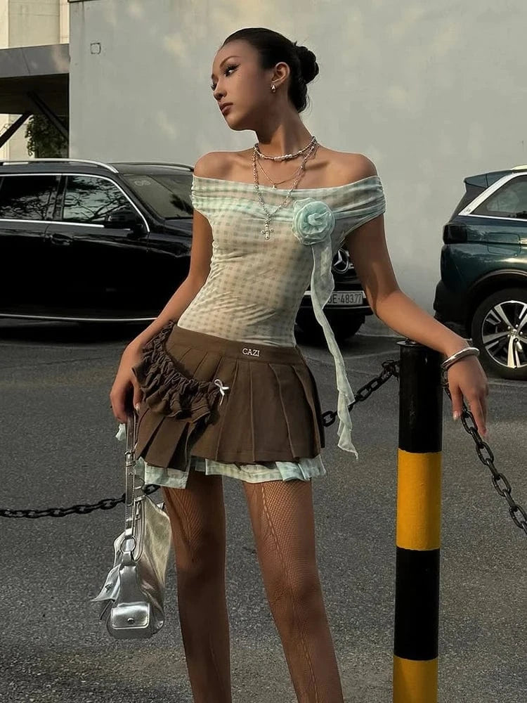 Weird Puss Plaid Print Applique Tops Women Mesh See Through Off Shoulder Backless Tassel Hot Girls Street Fashion Trend T-Shirts