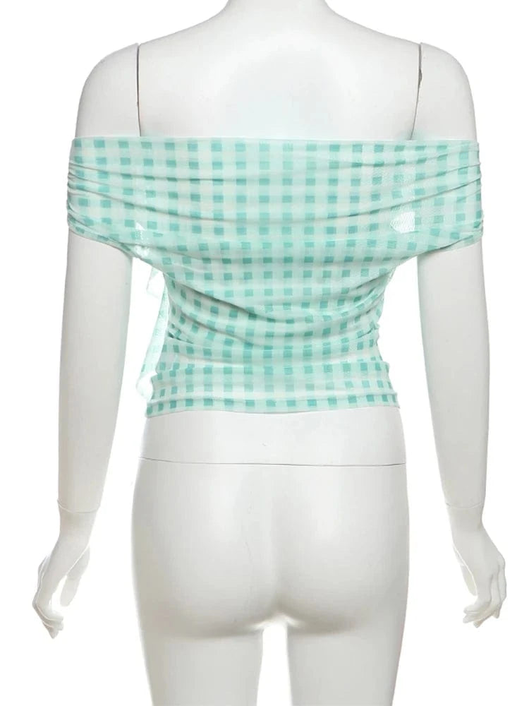 Weird Puss Plaid Print Applique Tops Women Mesh See Through Off Shoulder Backless Tassel Hot Girls Street Fashion Trend T-Shirts
