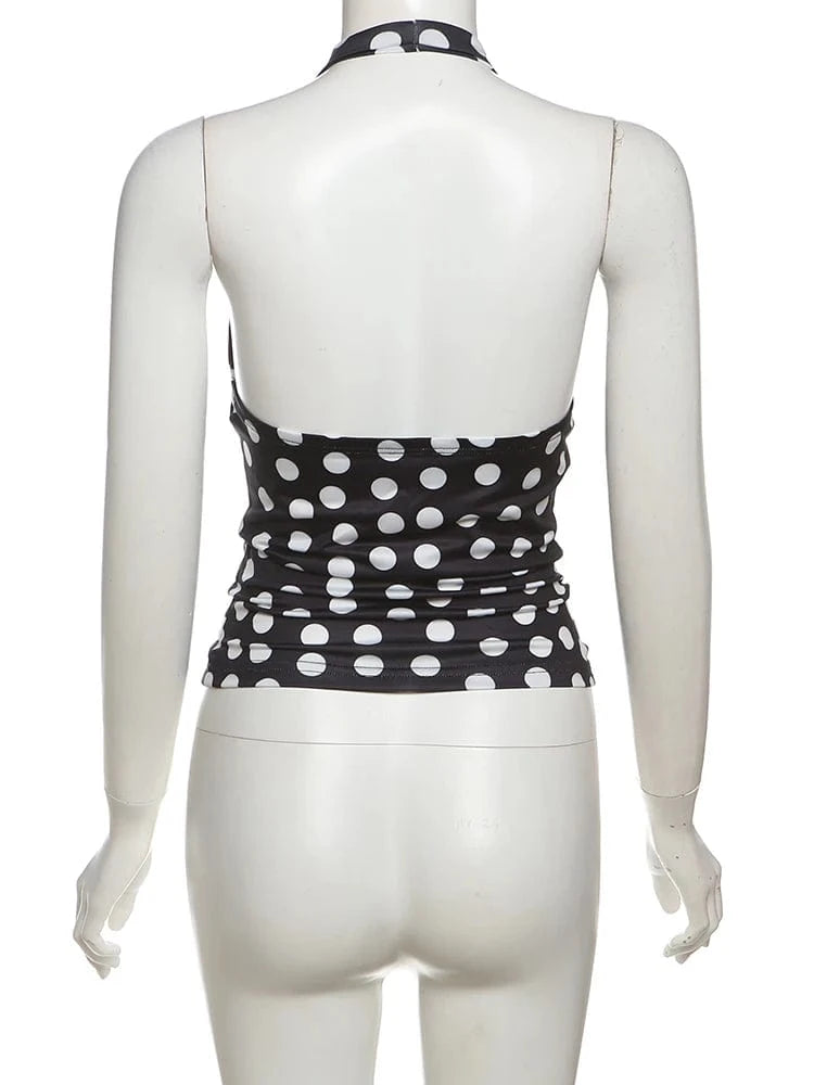 Weird Puss Polka Dot Print Tank Top Women Y2K Halter Swing Collar Backless Skinny Hottie Summer Midnight Street Basic Wild Vest
