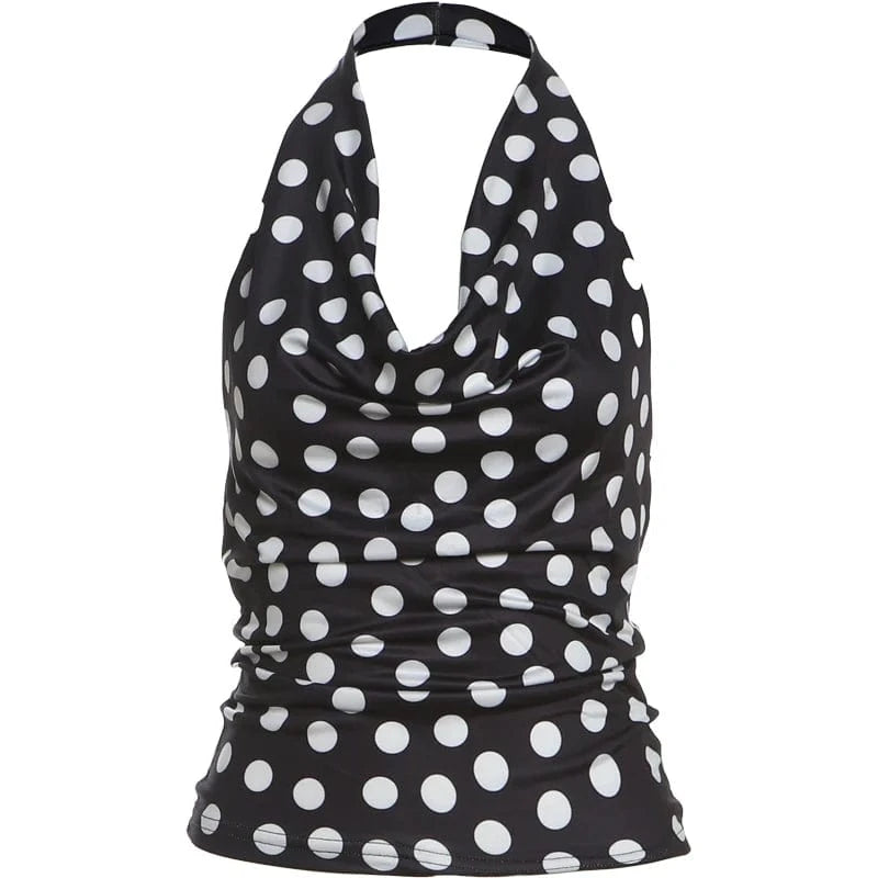 Weird Puss Polka Dot Print Tank Top Women Y2K Halter Swing Collar Backless Skinny Hottie Summer Midnight Street Basic Wild Vest