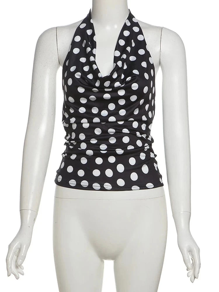 Weird Puss Polka Dot Print Tank Top Women Y2K Halter Swing Collar Backless Skinny Hottie Summer Midnight Street Basic Wild Vest