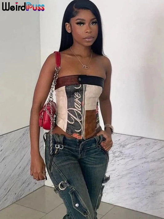 Weird Puss PU Leather Patchwork Print Tube Tops Women Y2K Zip Button Vintage Summer Trend Casual Corset Top Streetwear Wild Vest