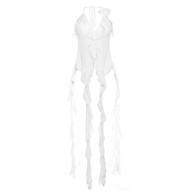 Weird Puss Ruffles Flowers Tank Tops Women Mesh Summer Sexy Deep V-Neck Irregular Tassel Halter Backless Camisole Wild Street