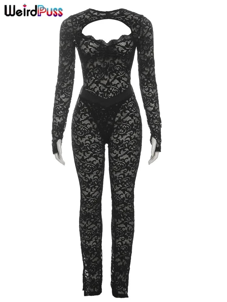 Weird Puss See Through 2 Piece Set Women Sexy Hollow Jacquard Backless Bodysuit+Leggings Tight Activity Clubwear Skinny Outfits