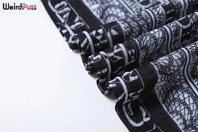 Weird Puss See Through Crop Tops Women Numeral Print Short Sleeve O-Neck Sexy Club Patchwork Streetwear Skinny Hot Girls Tees