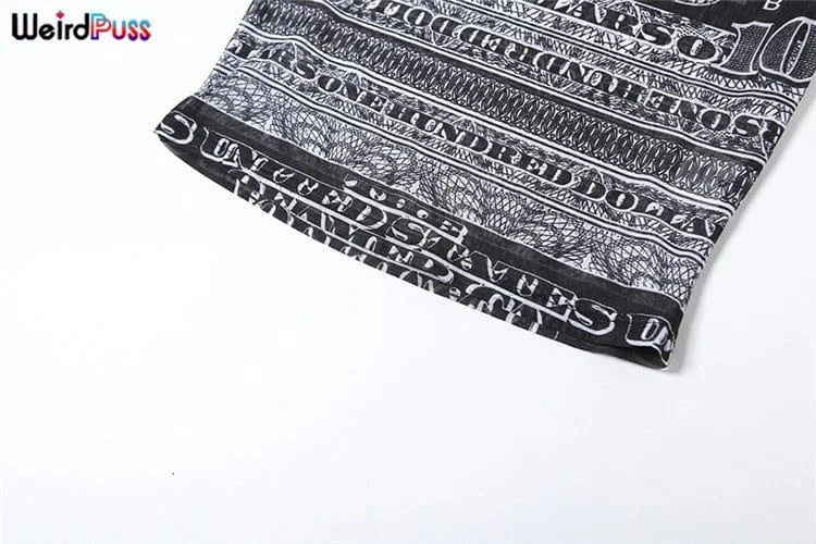Weird Puss See Through Crop Tops Women Numeral Print Short Sleeve O-Neck Sexy Club Patchwork Streetwear Skinny Hot Girls Tees