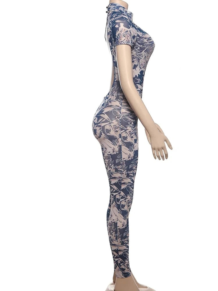 Weird Puss Serpentine Jumpsuit Women See Through Backless Short Sleeve Sexy Fit Summer Workout Overalls Stretch Button Clubwear