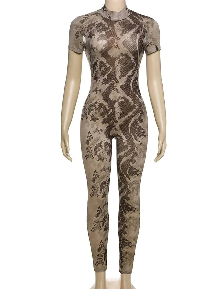 Weird Puss Serpentine Jumpsuit Women See Through Backless Short Sleeve Sexy Fit Summer Workout Overalls Stretch Button Clubwear