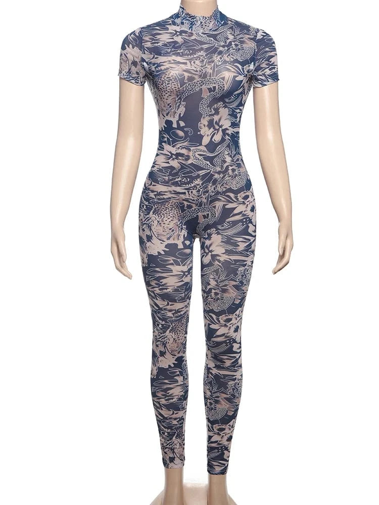 Weird Puss Serpentine Jumpsuit Women See Through Backless Short Sleeve Sexy Fit Summer Workout Overalls Stretch Button Clubwear