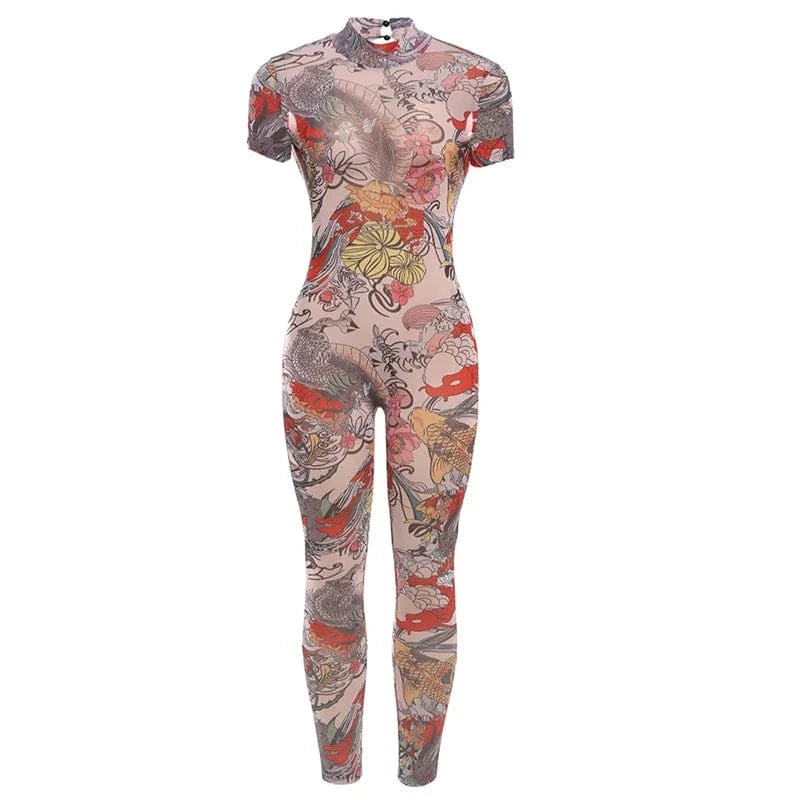 Weird Puss Serpentine Jumpsuit Women See Through Backless Short Sleeve Sexy Fit Summer Workout Overalls Stretch Button Clubwear
