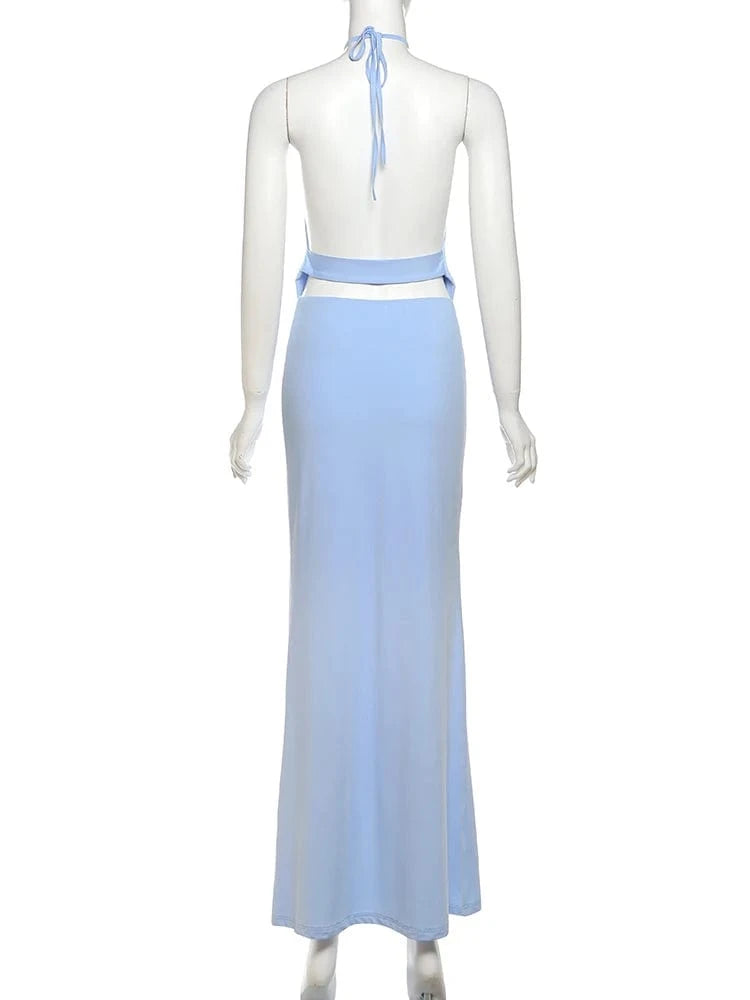 Weird Puss Sexy Backless Maxi Dress Women Halter Ruched Hollow Sleeveless Robe Vacation Fashion Beach Party Elegant Vestidos