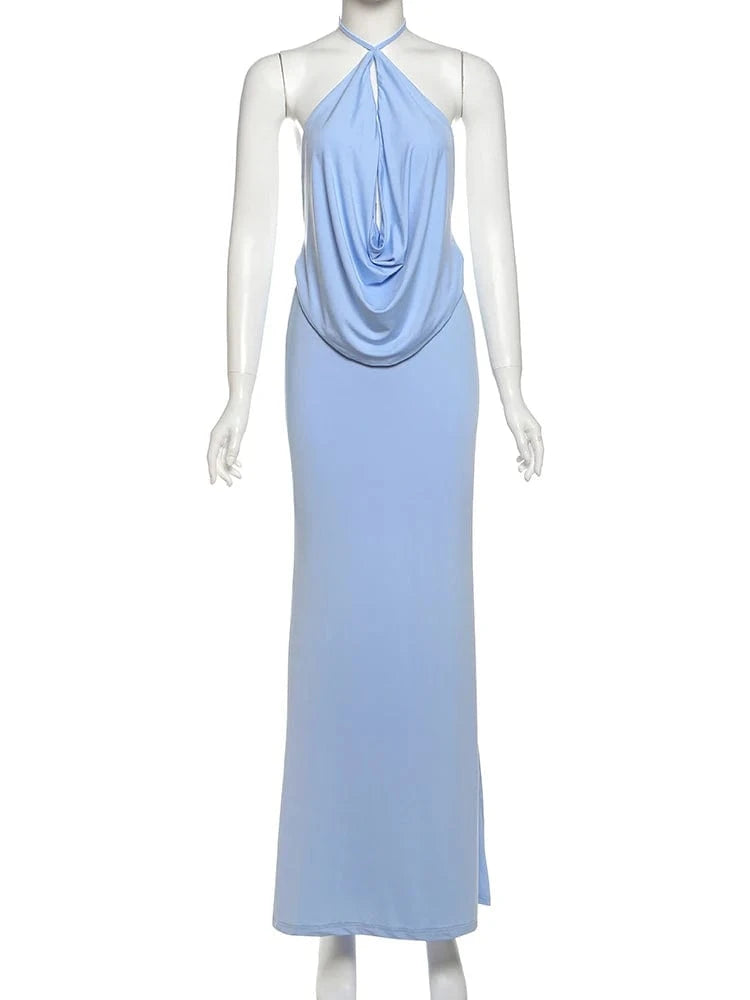 Weird Puss Sexy Backless Maxi Dress Women Halter Ruched Hollow Sleeveless Robe Vacation Fashion Beach Party Elegant Vestidos