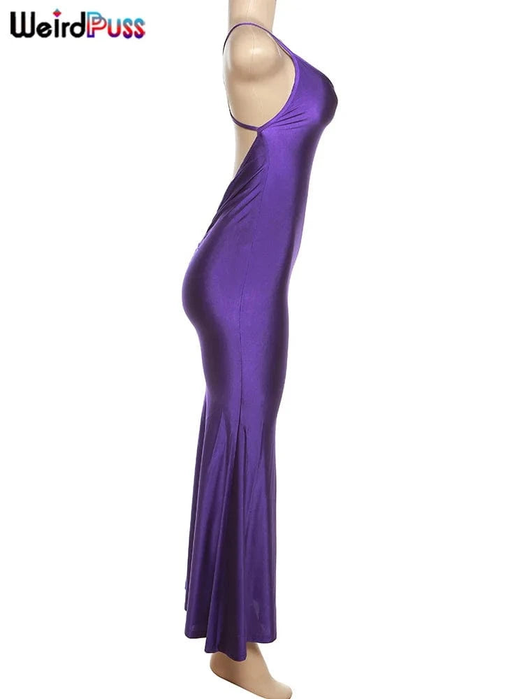Weird Puss Sexy Backless Women Evening Maxi Dress Folds V-Neck Sleeveless Coquette Elegant Mermaid Matching Banquet Prom Bodycon