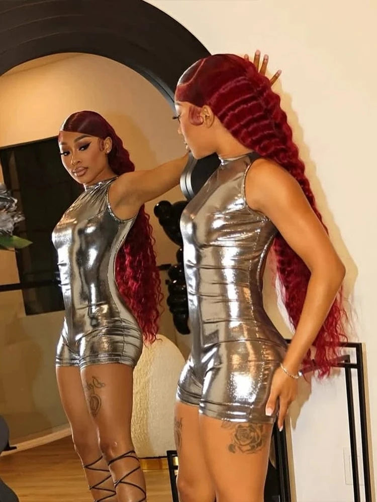 Weird Puss Silky Sexy Playsuit Women Backless Coquette Sleeveless Summer Hipster Shiny Skinny Fit Stretch Activity Club Romper
