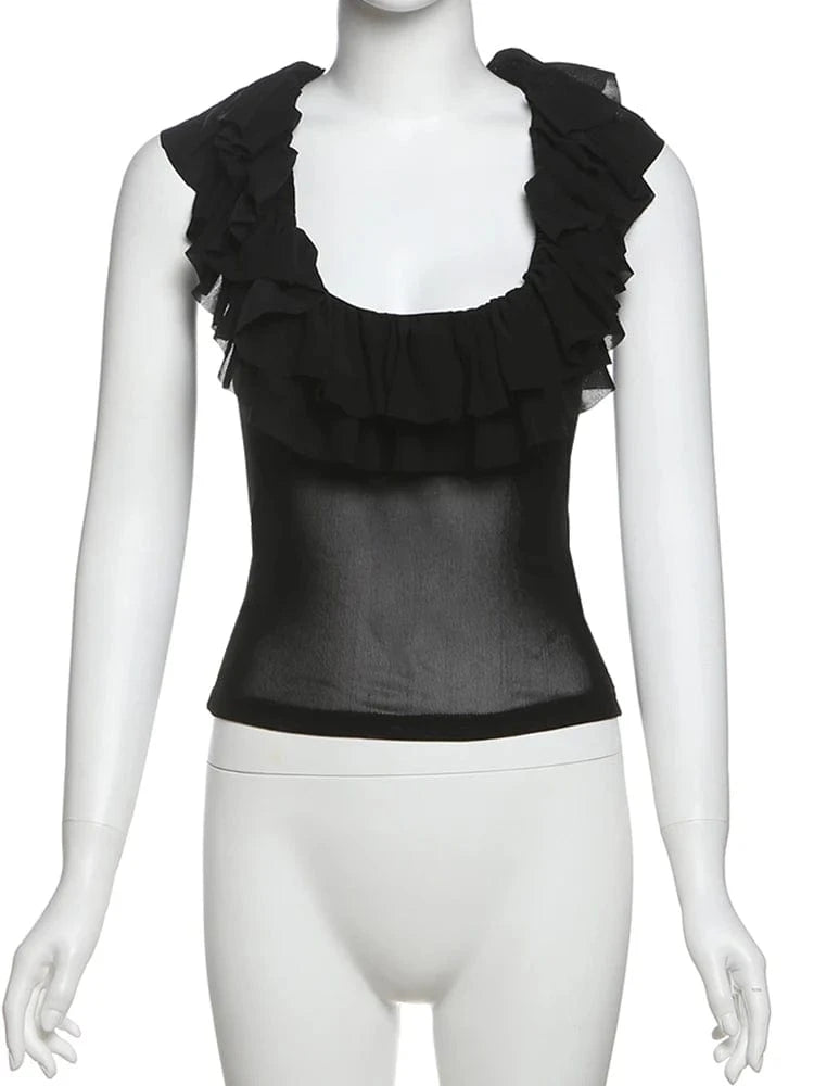 Weird Puss Tierred Low-Neck Tank Tops Women Y2K See Through Sleeveless Summer Trend Mesh Wild Basic Midnight Slim Clubwear Vest