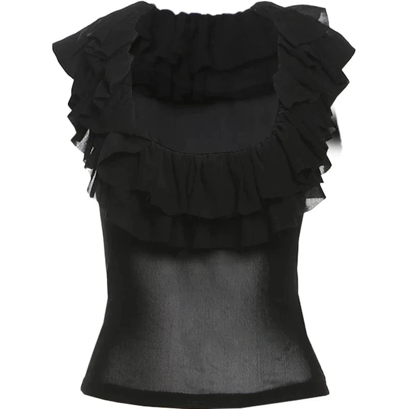 Weird Puss Tierred Low-Neck Tank Tops Women Y2K See Through Sleeveless Summer Trend Mesh Wild Basic Midnight Slim Clubwear Vest