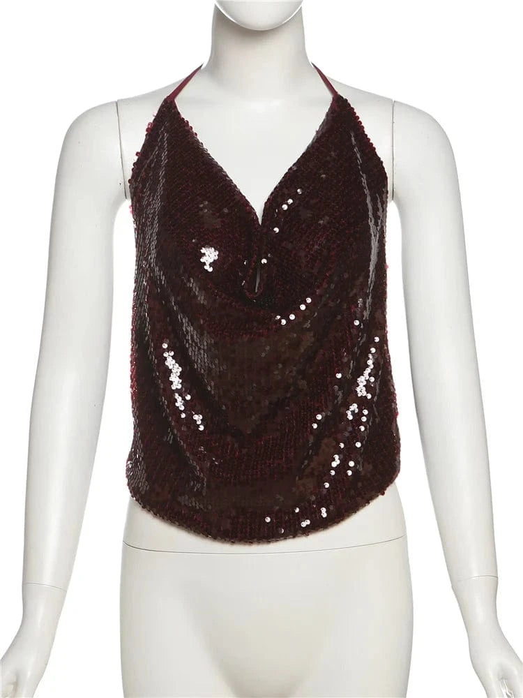 Weird Puss Y2K Sequins Sexy Camisole Women Backless Swing Collar Glitter Beach Vacation Wild Midnight Club Summer Trend Vest