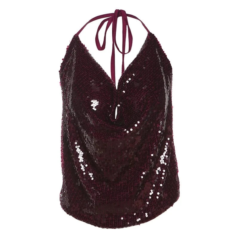Weird Puss Y2K Sequins Sexy Camisole Women Backless Swing Collar Glitter Beach Vacation Wild Midnight Club Summer Trend Vest