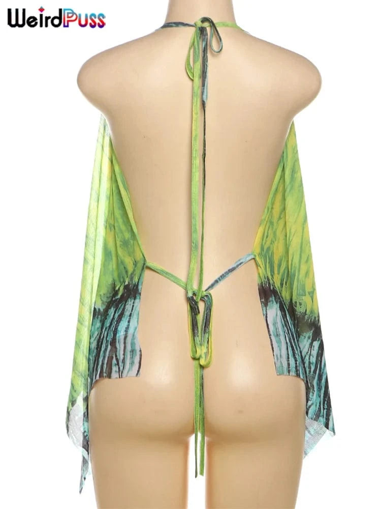 Weird Puss Y2K Summer Tank Tops Women Halter Swing Collar Thin Backless Irregular Bandage Loose Summer Hipster Midnight Camisole