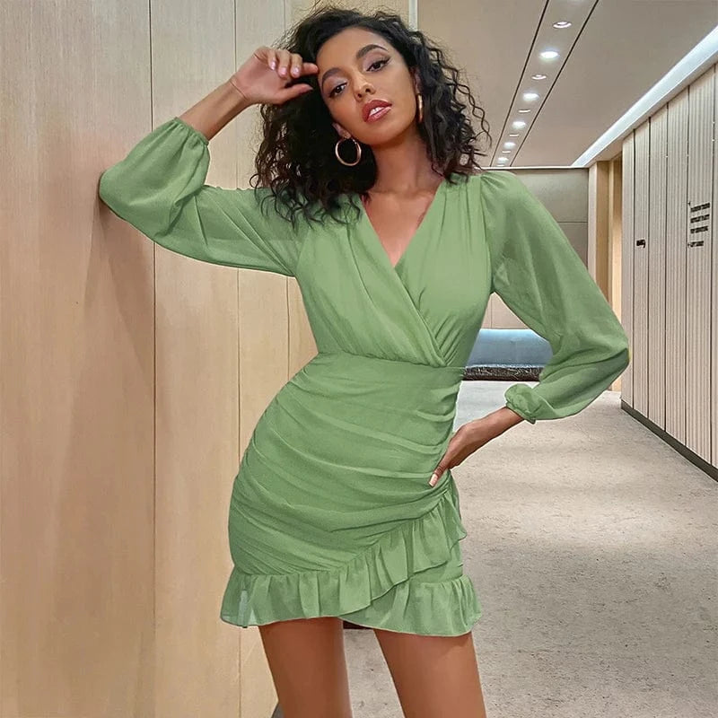 Weixin Stock Double Crazy Women Surplice Neck Ruched Wrap Ruffle Hem Pink Casual Sexy Dress