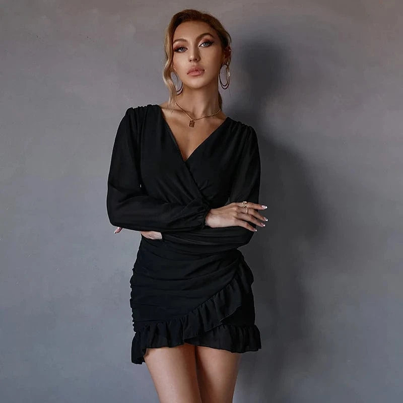 Weixin Stock Double Crazy Women Surplice Neck Ruched Wrap Ruffle Hem Pink Casual Sexy Dress