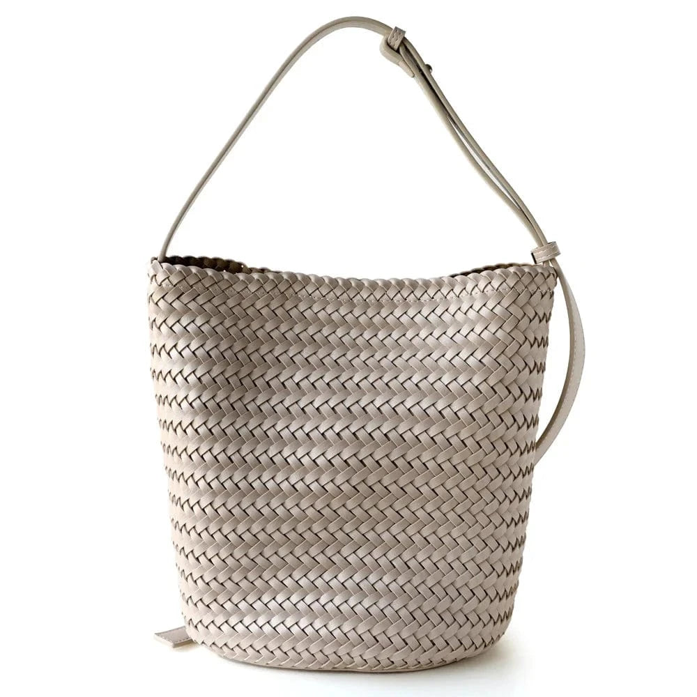 White / 18*14*26CM Luxury Vintage PU Leather Braided Bucket Bag for Women New High-End Hand-Woven Single-Shoulder Crossbody Bag Foldable Durable