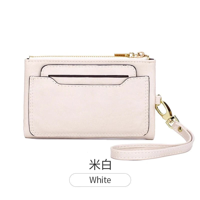 White 2024 New Women's Wallet Medium Retro Style Zipper Folding Multi Card Large Capacity Handbag Wallet Clip Wrist Strap