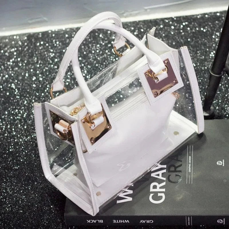 White 2pcs Women Fashion Shoulder Bag Clear Jelly Clutch Purse Transparent Handbag