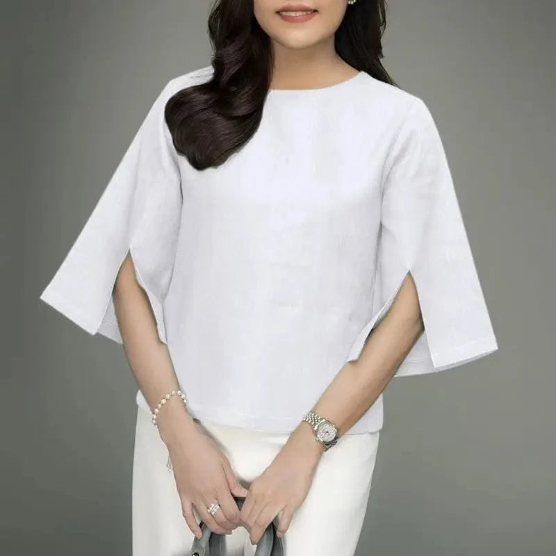 WHITE / 5XL ZANZEA Fashion 3/4 Sleeve Crewneck Blusas Women Solid Blouse Casual Loose Split Cuff Tops 2024 Summer Korean Holiday Tunics
